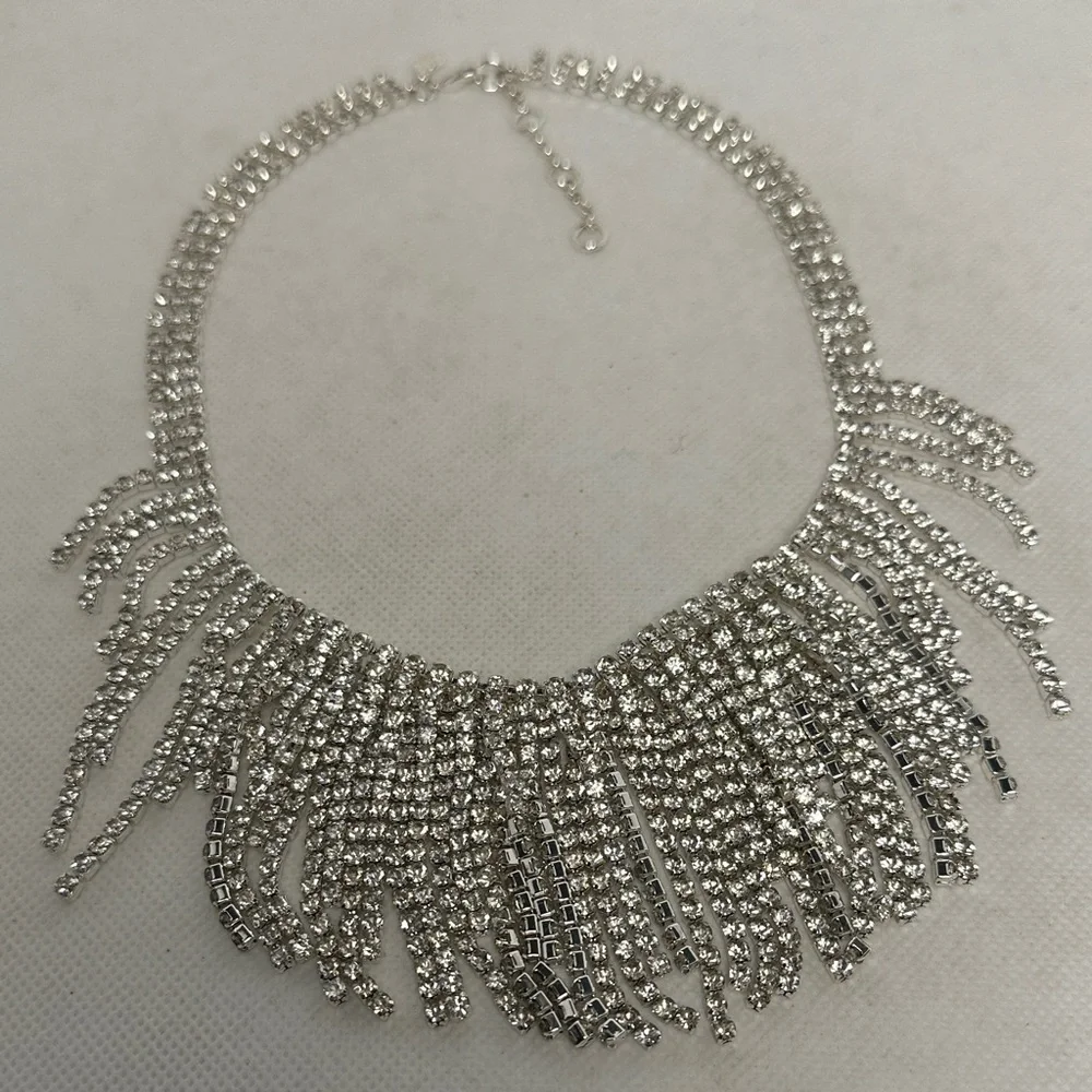 J.Crew Silver Rhinestone Statement Necklace – 16” Long / 2”:Extender (Like New)